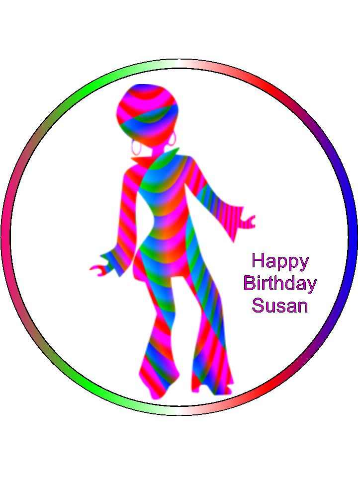 disco Dancing woman Retro Personalised Edible Cake Topper Round Icing Sheet - The Cooks Cupboard Ltd