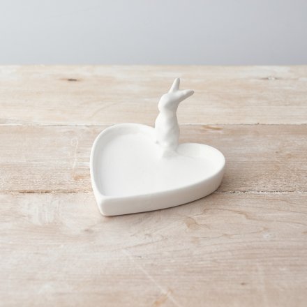 White Ceramic Heart Shaped Trinket Dish with Bunny Rabbit Detail