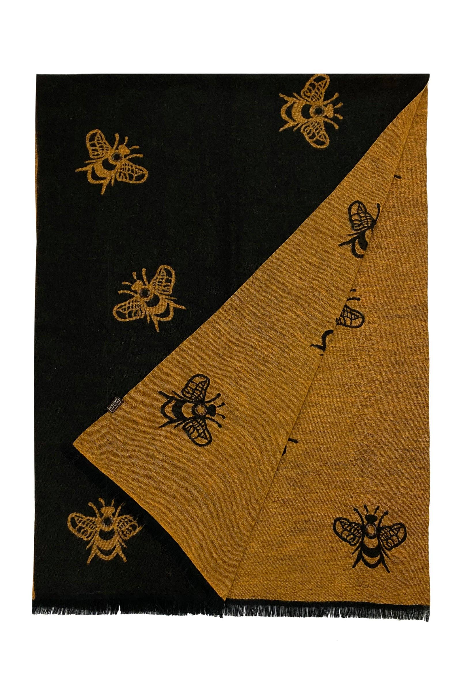 Reversible Soft Wool Black and Mustard Bee Print Frayed Edge Scarf