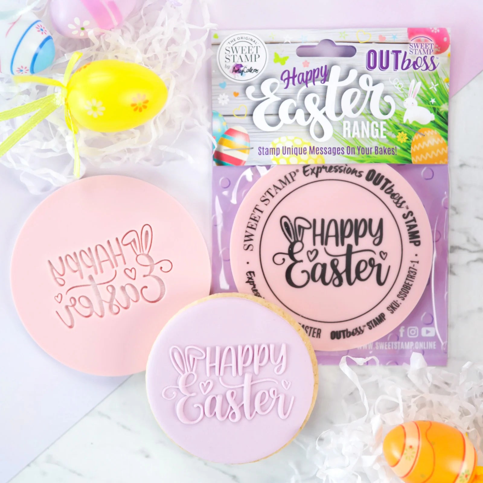 Sweet Stamp OUTboss Outbossing Sugarcraft Stamp - Happy Easter with Bunny Ears