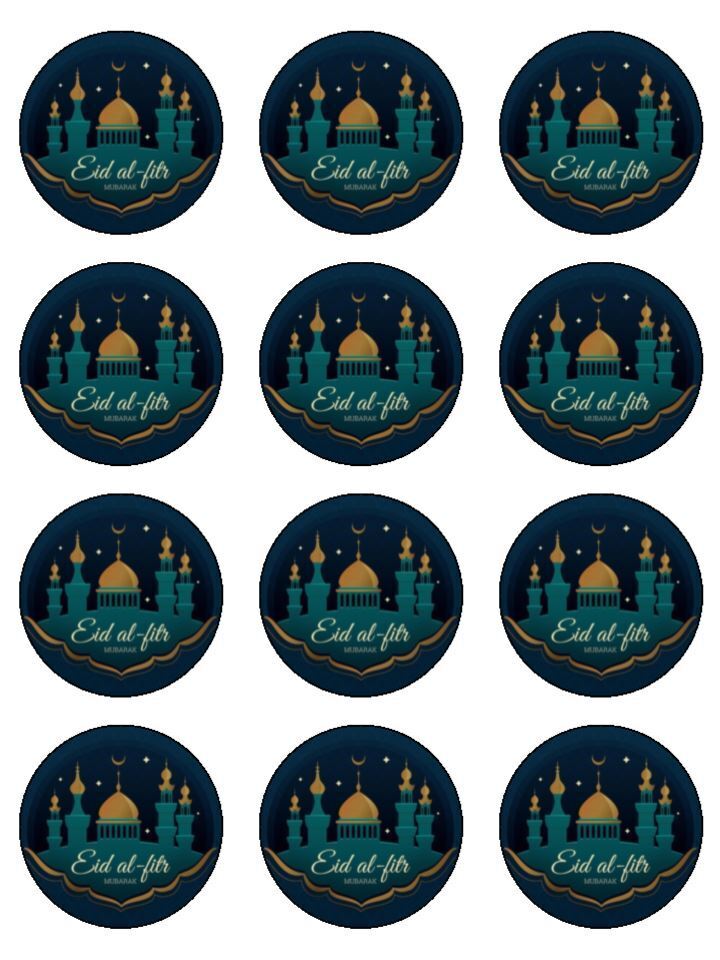 Eid al - Fitr Festival Mubarak Edible Printed Cupcake Toppers Icing Sheet of 12 Toppers
