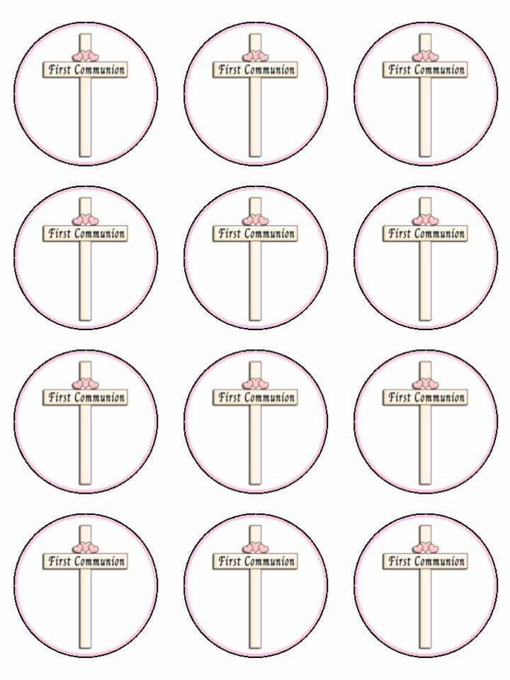 First Holy Communion Pink Detail Cross Printed Cupcake Toppers Icing Sheet of 12 Toppers
