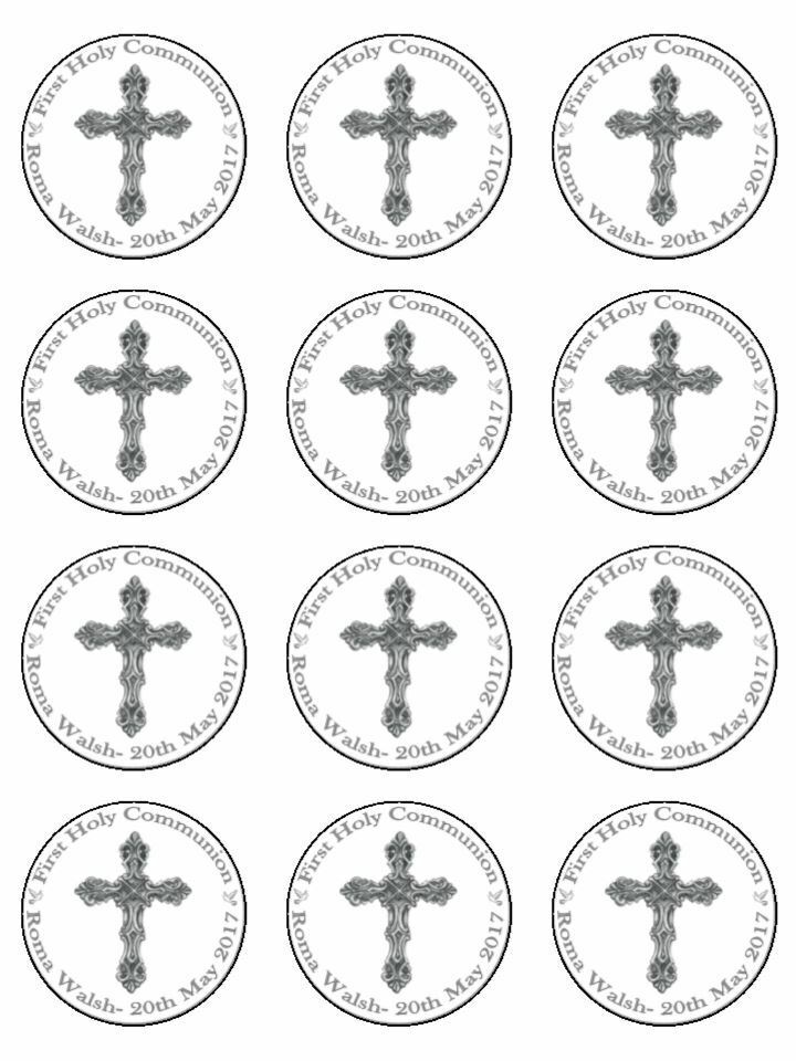 Personalised First 1st Holy Communion Cross Edible Printed Cupcake Toppers Icing Sheet of 12 Toppers