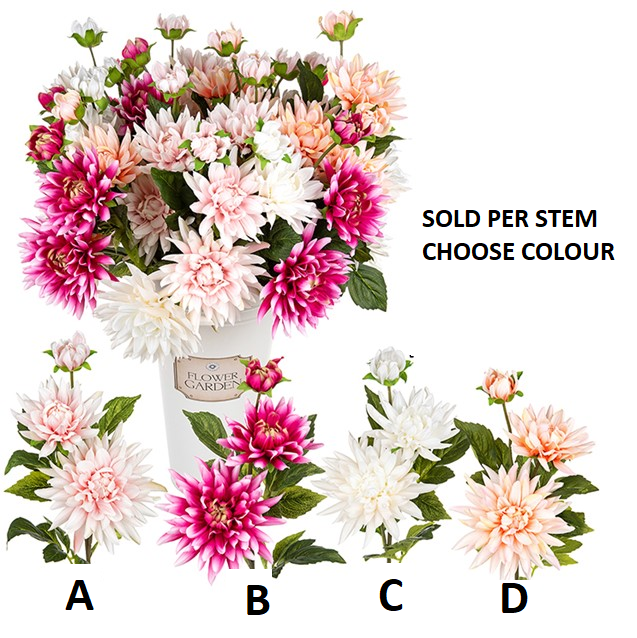 Dahlia Three Head Stem Artificial Faux Flower Stem - Choose Colour - The Cooks Cupboard Ltd