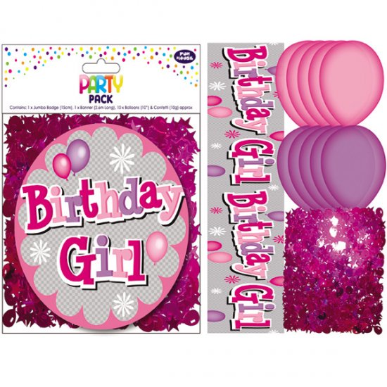 Birthday Girl Party Pack - Jumbo Badge, Banner, Latex Balloons and Confetti