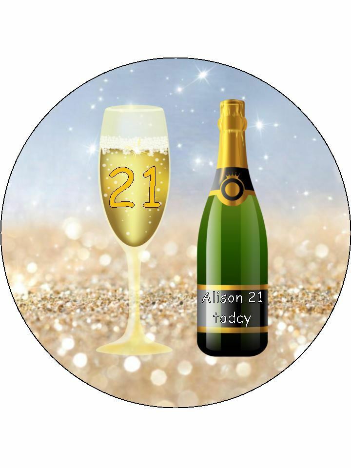 gold Champagne glasses birthday Personalised Edible Cake Topper Round Icing Sheet - The Cooks Cupboard Ltd