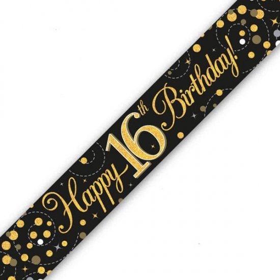 Black & Gold Age 16 16th Birthday Celebration Happy Birthday Banner