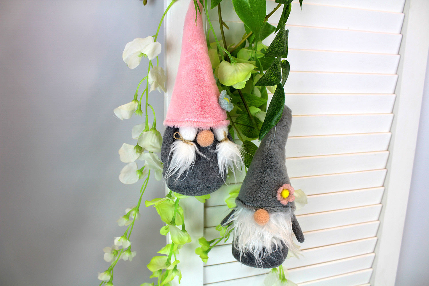 Hanging Fluffy Gnome / Gonk with Flower in Grey and Pink - Sold Singly - Choose Design - Kate's Cupboard
