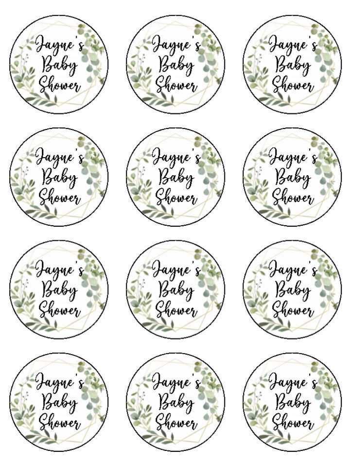Personalised Green Foliage Baby Shower Edible Printed Cupcake Toppers Icing Sheet of 12 Toppers