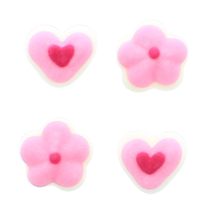 Pink Mini Hearts And Flowers Edible Cake or Cupcake Sugar Pipings approx. 24