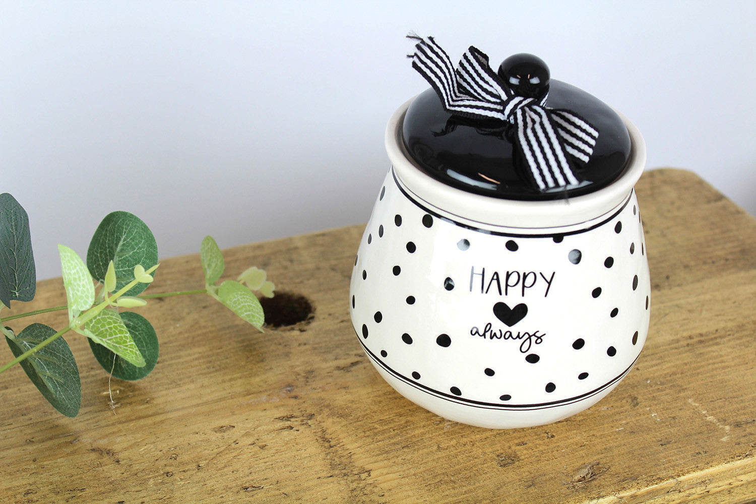 Happy Always Ceramic Storage Canister with Black Dot and Heart Detail - Kate's Cupboard