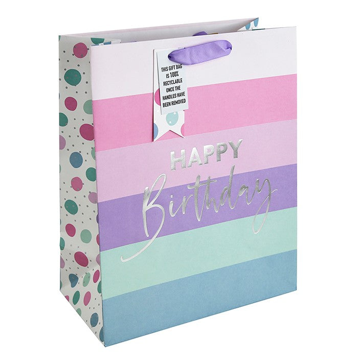 White Kraft Pink & Purple Striped Design Happy Birthday Gift Bag