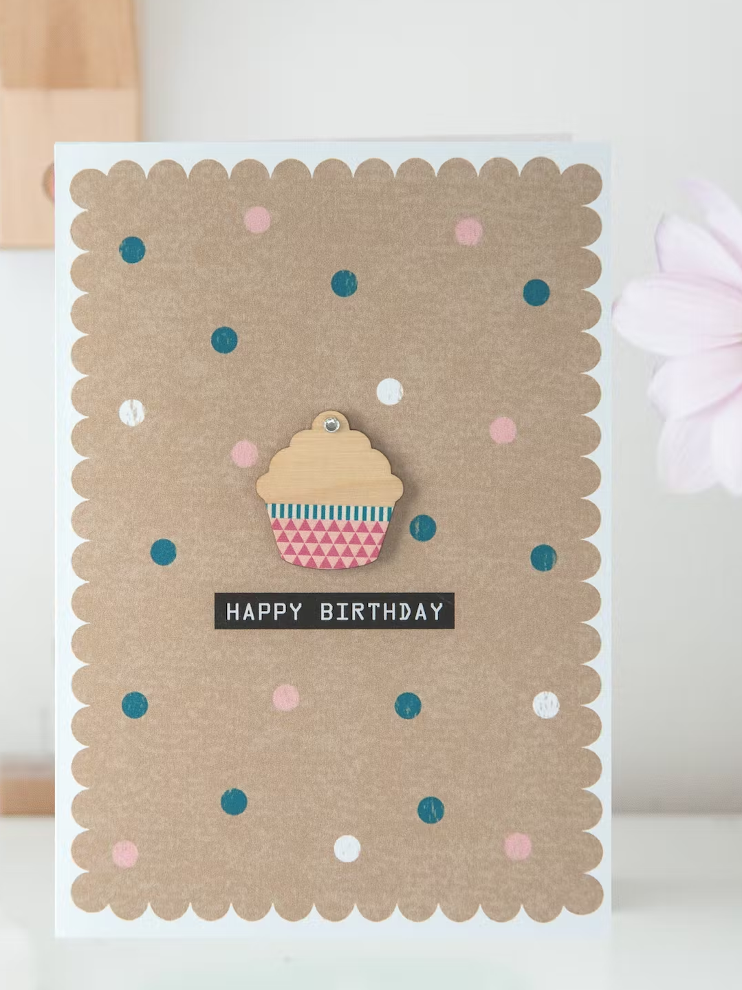 Greeting Card with Envelope - Happy Birthday with Wooden Cupcake Detail
