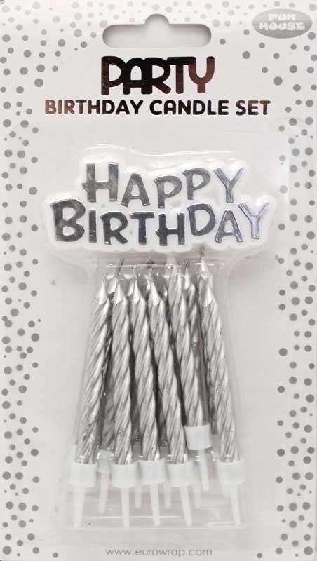 Pack of 12 Candles with Matching Happy Birthday Motto Cake Decoration - Silver