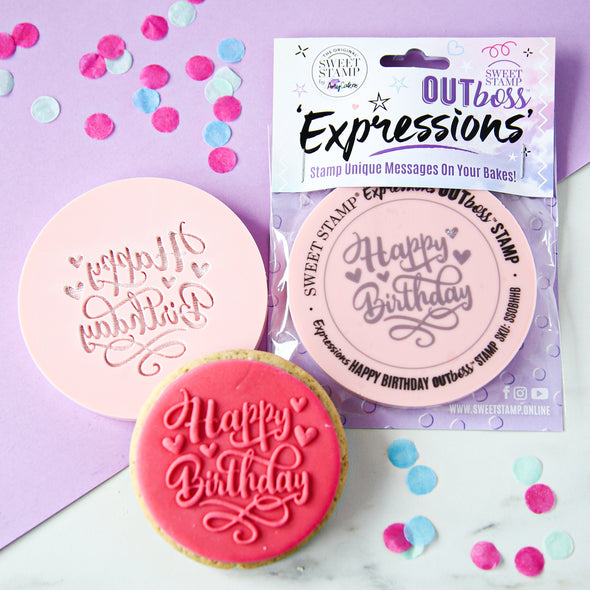 Sweet Stamp OUTboss Outbossing Sugarcraft Stamp - Happy Birthday with Hearts - Kate's Cupboard