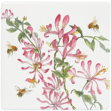 Fine China Bee-tanical Coaster with Cork Back - Honeysuckle and Bees