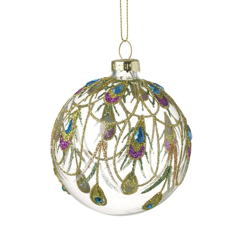 Peacock Design Clear Glass Festive Bauble - Kate's Cupboard