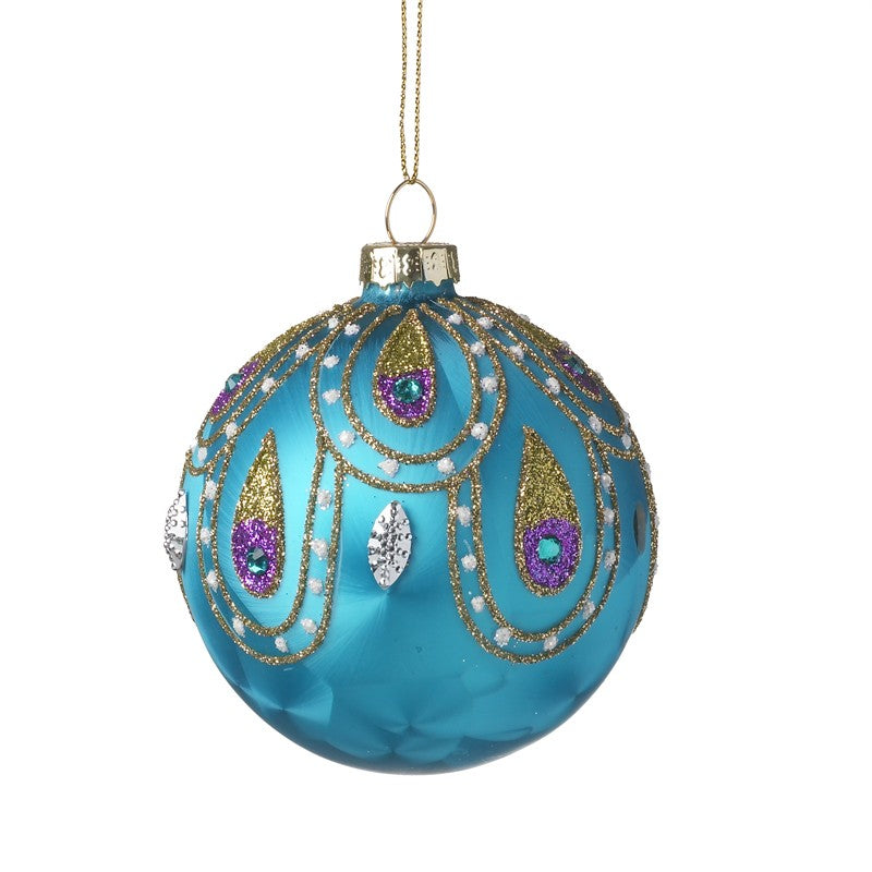 Blue Glass Festive Bauble with Peacock Style Design by Heaven Sends