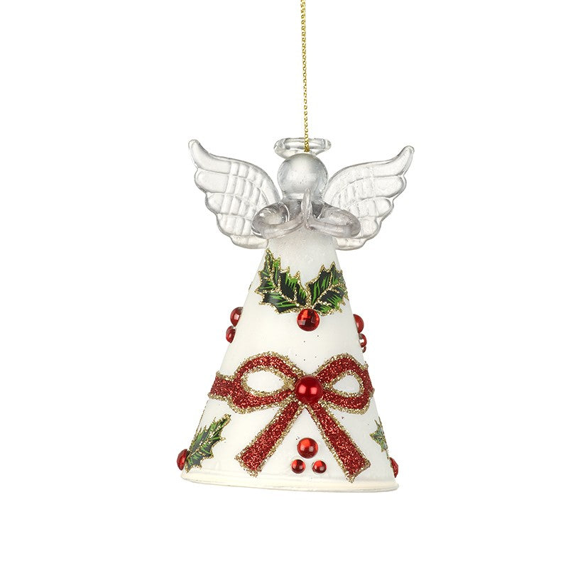 White Glass Angel With Christmas Holly & Bow Design