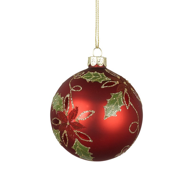 Red Festive Christmas Bauble with Holly Glitter Design - Kate's Cupboard