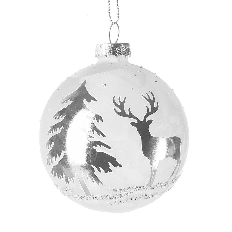 White and Silver Glass Hanging Christmas Bauble with Deer and Tree Detail - Kate's Cupboard