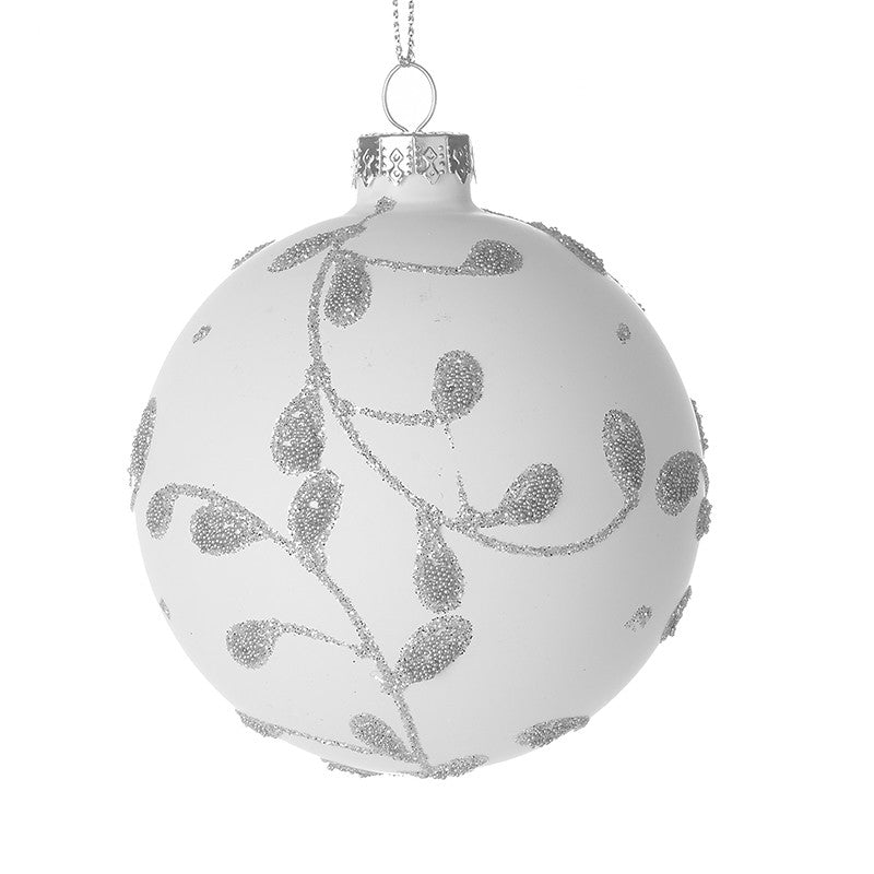 White Glass With Silver Leaves Decorative Christmas Bauble Hanging Decoration - Kate's Cupboard