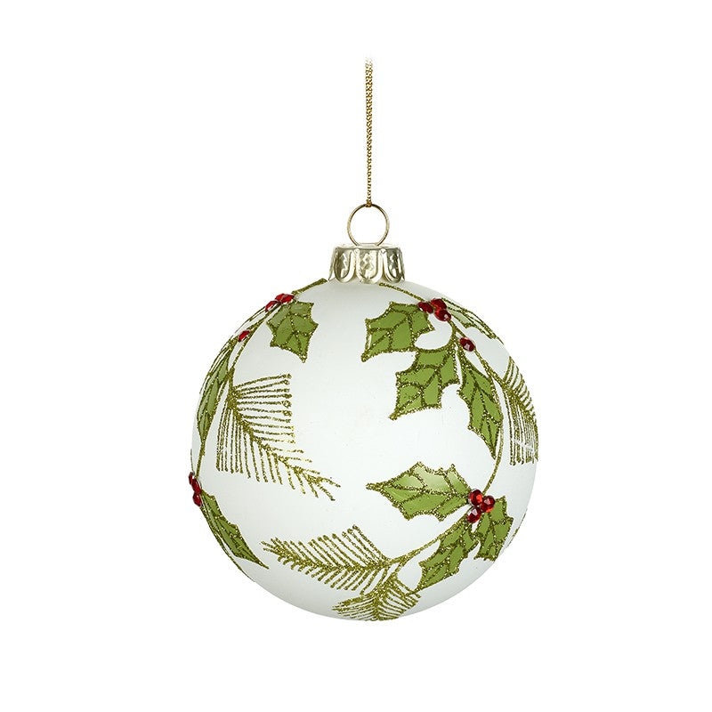White Glass Festive Bauble with Holly Leaf Design by Heaven Sends
