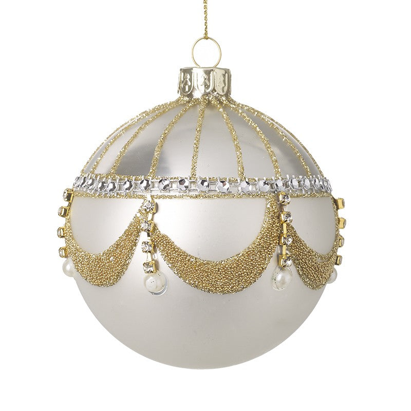 Pearl Glass Bauble With Gold & Gem Detail Decorative Christmas Bauble Hanging Decoration - Kate's Cupboard