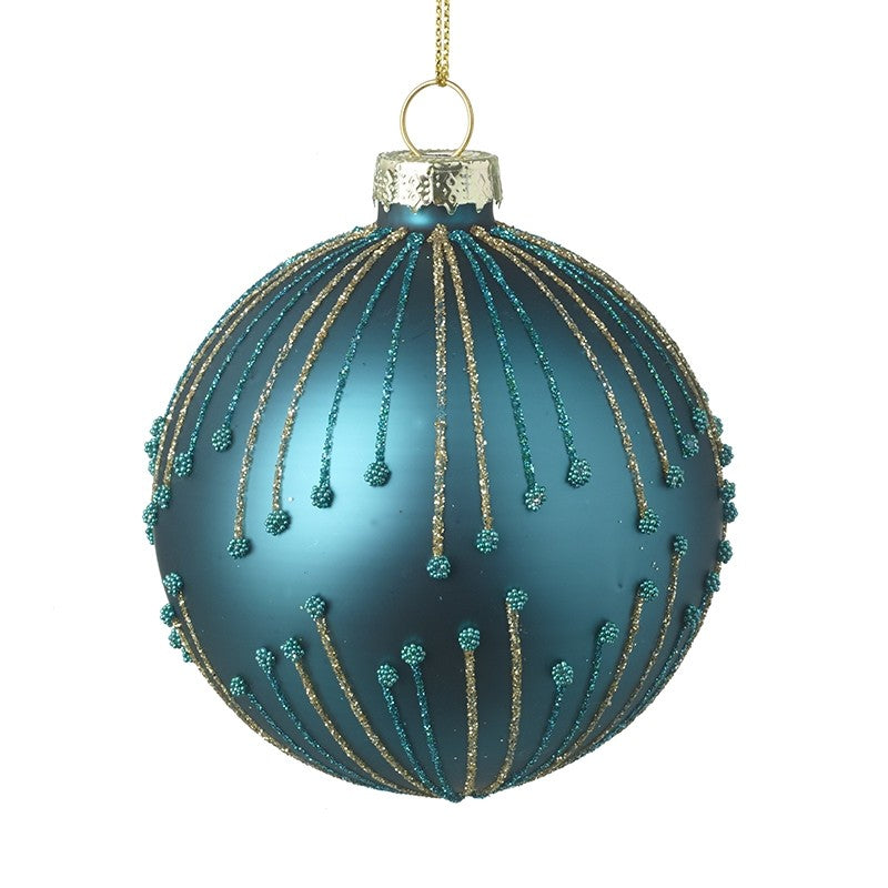 Blue Glass Festive Christmas Bauble with Gold and Blue Glitter  Detail by Heaven Sends