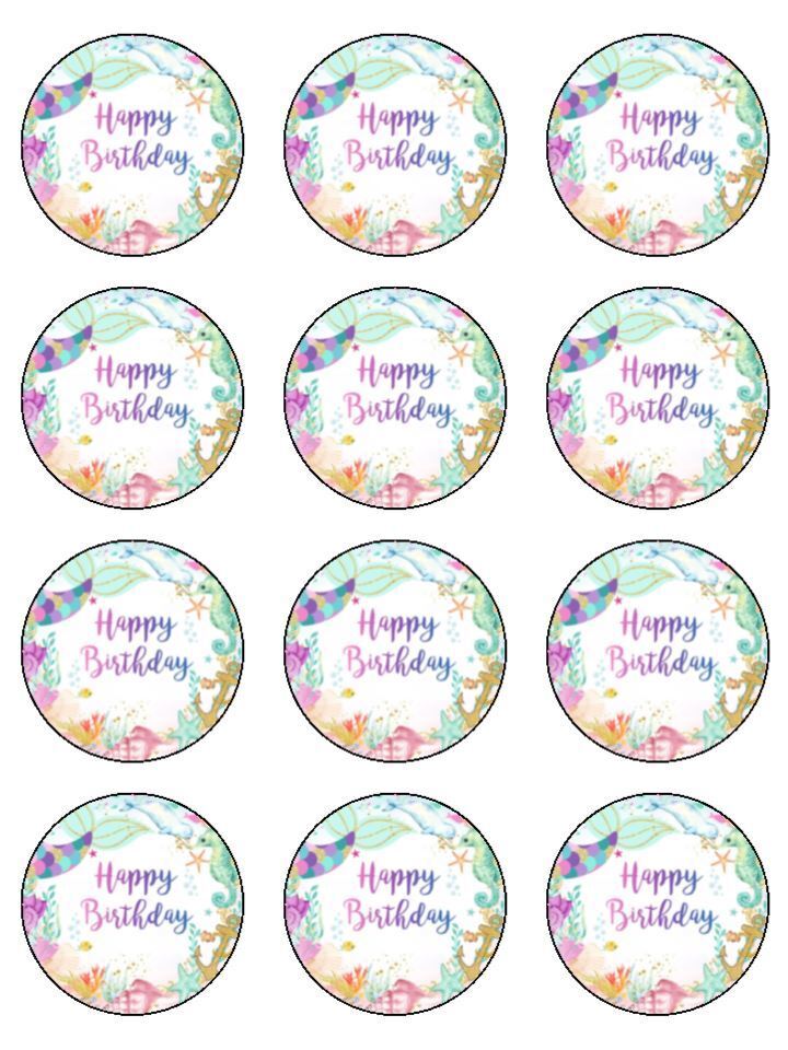 Mythical mermaid tail happy birthday Edible Printed Cupcake Toppers Icing Sheet of 12 Toppers