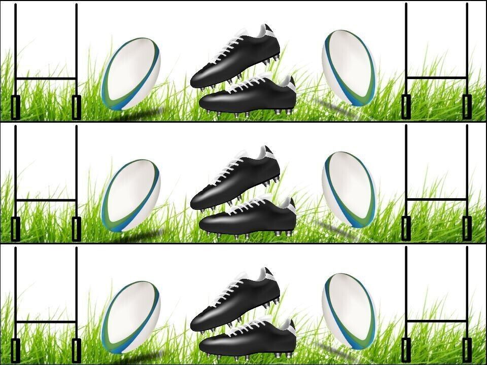 Rugby Theme Ball, Boots, Posts, Grass Ribbon Border Edible Printed Icing Sheet Cake Topper