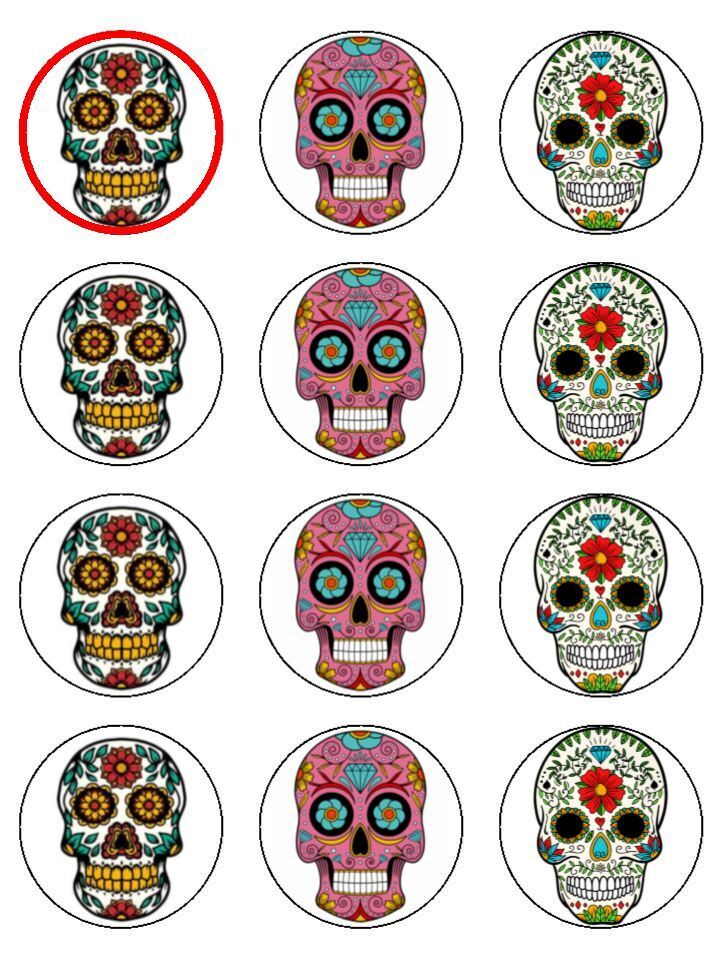 Sugar skulls patterned skulls Edible Printed Cupcake Toppers Icing Sheet of 12 Toppers