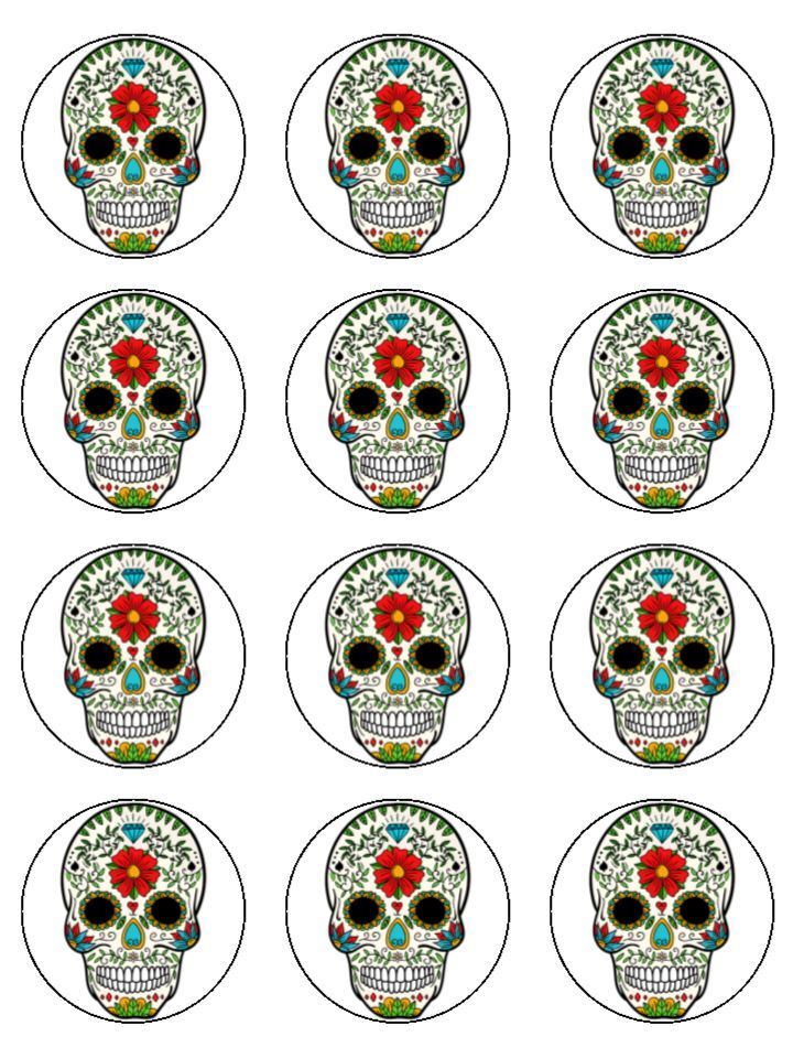 Sugar skull gothic skull Edible Printed Cupcake Toppers Icing Sheet of 12 Toppers
