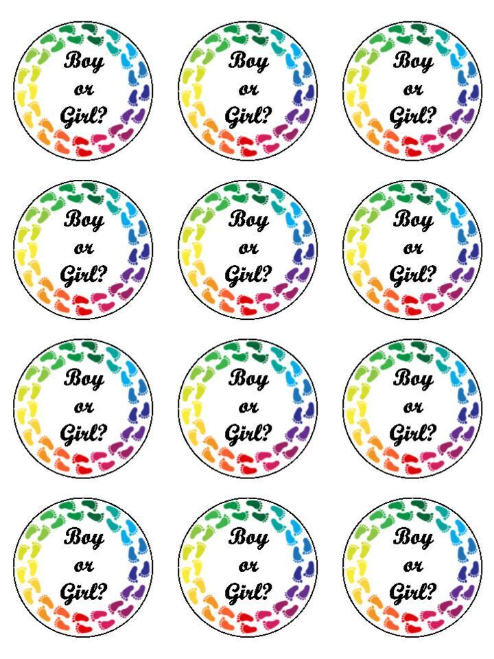 Rainbow baby feet gender colourful Boy or Girl? Edible Printed Cupcake Toppers Icing Sheet of 12 Toppers