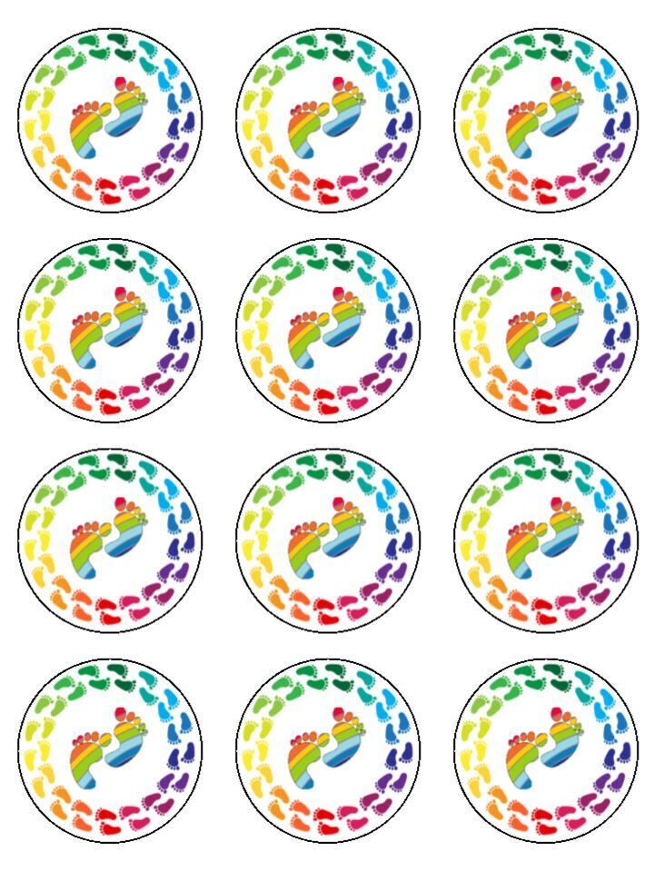Rainbow baby feet colourful Edible Printed Cupcake Toppers Icing Sheet of 12 Toppers