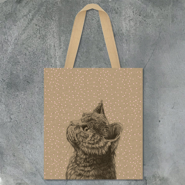 Jute Shopping Bag with Handle Featuring Cat Image & Polka Dot Detail - Kate's Cupboard