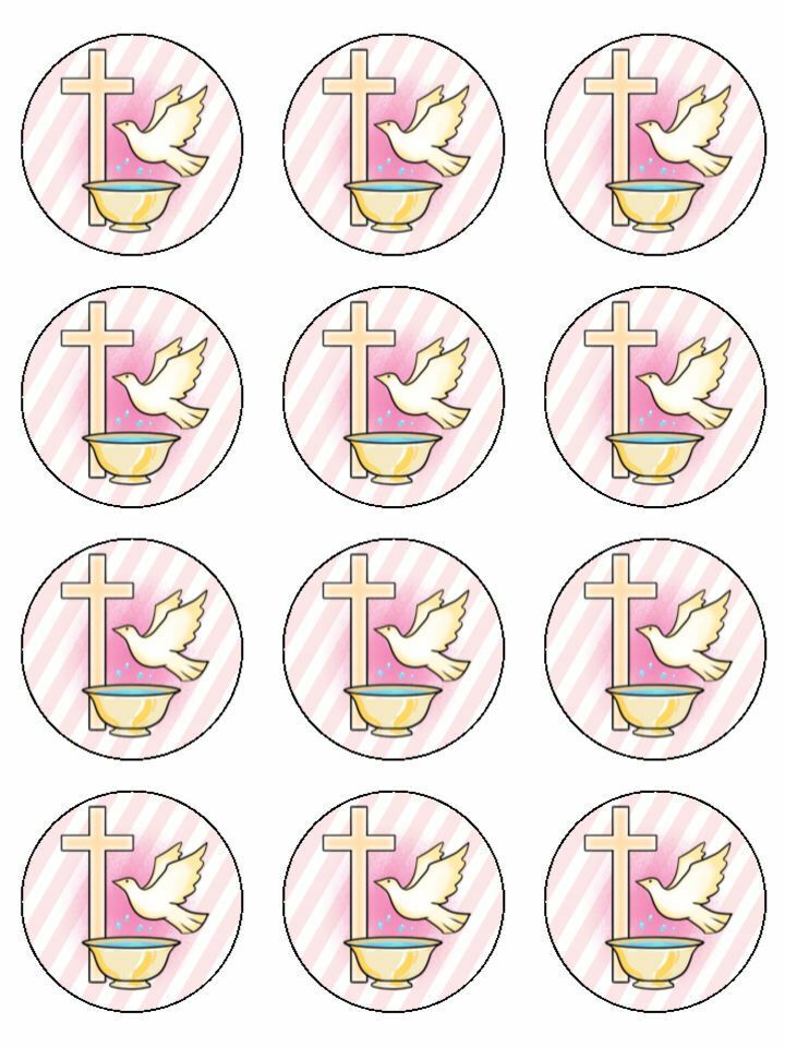 Holy Communion / Baptism / Christening Pink Cross & Dove Edible Printed Cupcake Toppers Icing Sheet of 12 Toppers