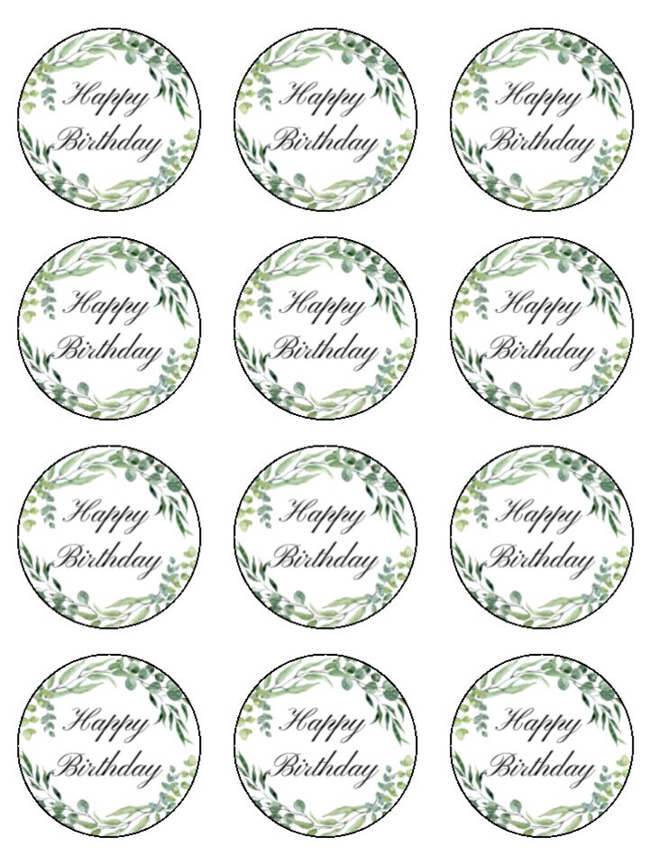 Happy Birthday Eucalyptus Foliage Greenery Edible Printed Cupcake Toppers Icing Sheet of 12 Toppers