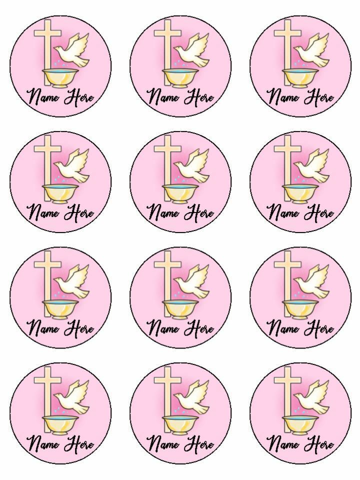 Personalised with Name 1st Communion / Christening / Baptism Pink Dove Cross Edible Printed Cupcake Toppers Icing Sheet of 12 Toppers