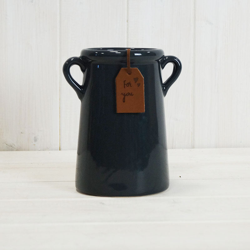 Midnight Blue Grey Ear handled Tall Pot / Vase 14cm - Kate's Cupboard