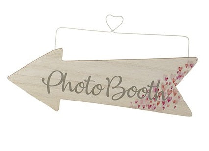 Wooden Event Arrow With Tiny Hearts and Wire Hanger - PHOTO BOOTH - The Cooks Cupboard Ltd