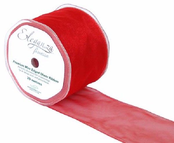 Wired Edge Sheer Organza Ribbon - Red - 70mm