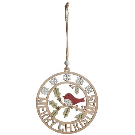 Merry Christmas Robin Wooden Hanging Festive Decoration