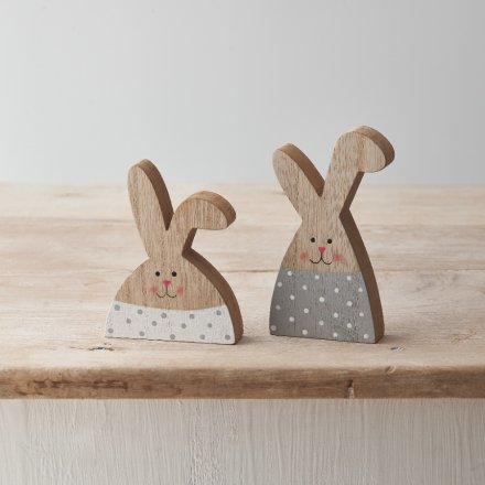 Wooden Rabbit Decorative Ornament with Grey and White Polka Dot Detail - Sold Singly