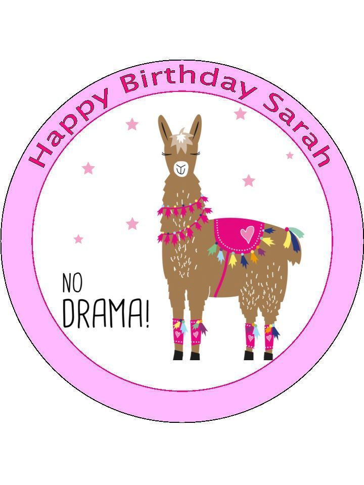 Drama Llama Girly Pink Personalised Edible Cake Topper Round Icing sheet - The Cooks Cupboard Ltd