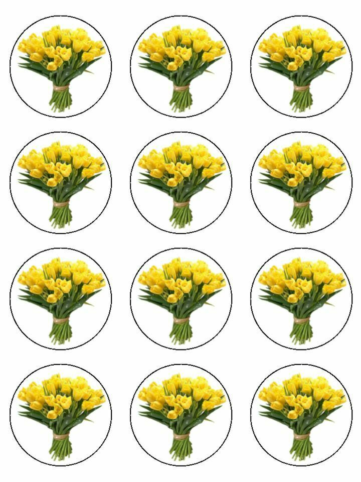 tulip flowers floral yellow Edible Printed CupCake Toppers Icing Sheet of 12 Toppers - The Cooks Cupboard Ltd