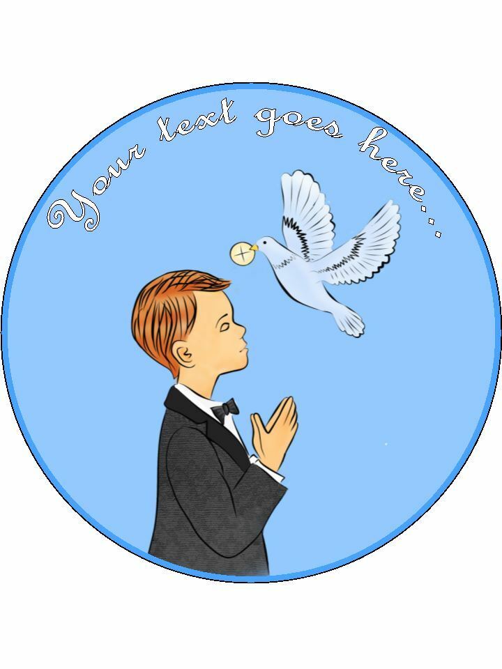 Holy Communion praying doves blue boy Personalised Edible Cake Topper Round Icing Sheet - The Cooks Cupboard Ltd