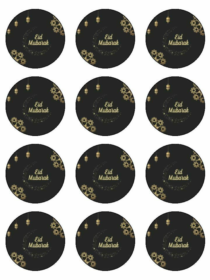 Eid Mubarak Happy Festival gold& Black Printed CupCake Toppers Icing Sheet of 12 Toppers - The Cooks Cupboard Ltd