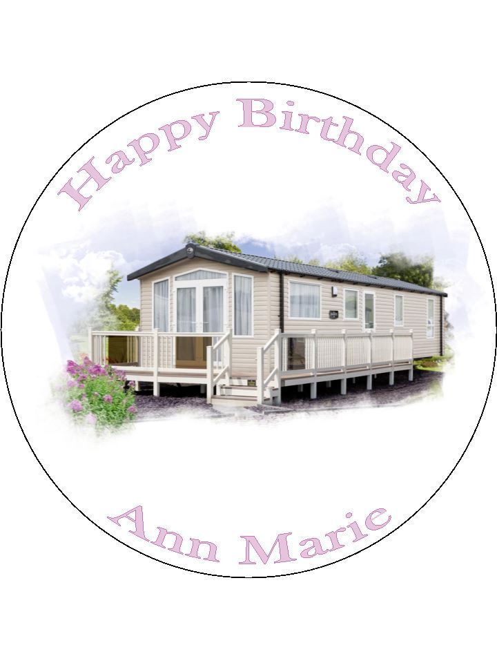 Static Caravan Personalised Edible Cake Topper Round Wafer Paper - The Cooks Cupboard Ltd
