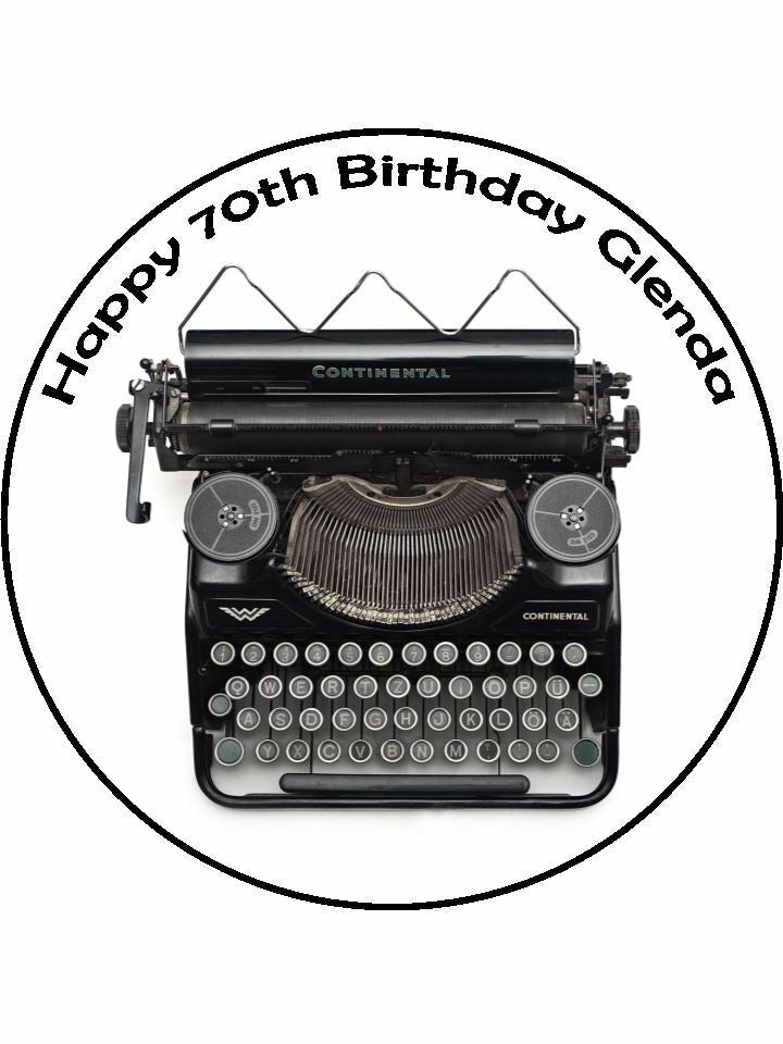 Typewriter vintage Personalised Edible Cake Topper Round Icing Sheet - The Cooks Cupboard Ltd